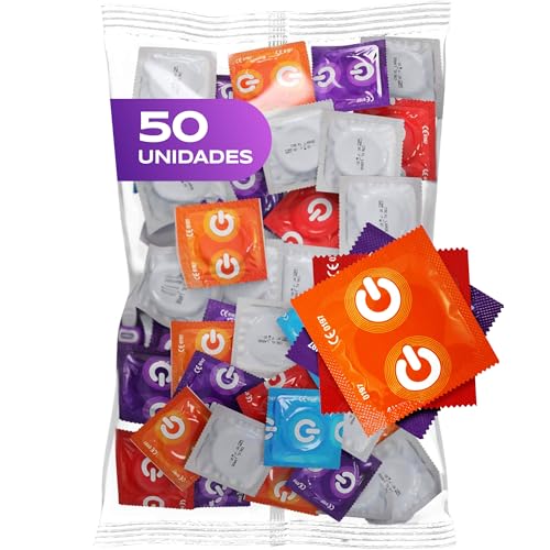 ON) Mix de Condones | Paquete de 50 | Condones Premium 7 tipos y tamaños con 54 mm de ancho | 10x extra delgados, naturales y texturizados | 5x extra fuertes, con aroma a fresa, plátano y chocolate