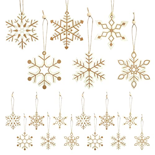 LEMESO 24 pz Decorazioni Albero Natale Bianche e Oro Fiocchi di Neve Pendenti Natale Ciondoli Legno Addobbi Natale Decorazioni Casa per Confezioni Natale Regali Cordoncini Negozi Scuola Party