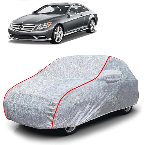 Image of Sulfar 100% Waterproof Car Body Cover Compatible with Mirror for Mercedes Benz CL Class (Triple Stitched, Full Bottom Elastic, Magic Silver with Red Piping)