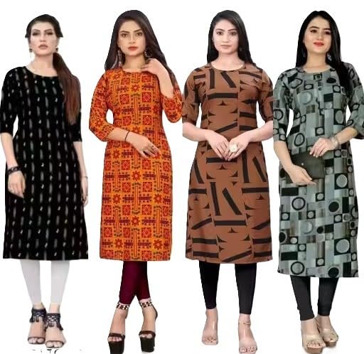Image of Women's Printed Crepe Straight Kurti Collection, Indian Ethnic Wear, Multiple Colors, Casual Style, Regular Fit Pack of 4