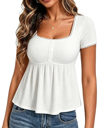 Image of Coloquin Women Short Sleeve Square Neck Lace Trim Peplum Henley Tops Cute Flowy Babydoll Going Out Tops T Shirt White S