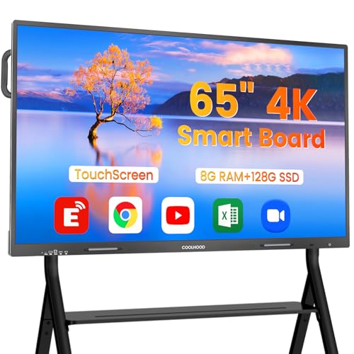 Image of COOLHOOD 65 inch Smart Board + Stand, 4K UHD Touchscreen Interactive Digital Whiteboard Display, Electronic All-in-One Computer for Classroom Office Home Business w /Open App Ecosystem Stand & Wall Mount