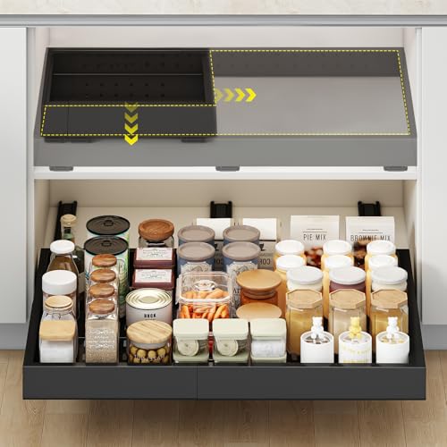 Pull out Cabinet Organizer,Width(16 '-24') and Depth(13'-22') Expandable With 3 Rails,Cabinet Roll out Drawers,No Drill Adjustable Slide out Drawers for Kitchen,Peel and Stick Pantry Pull out Shelves