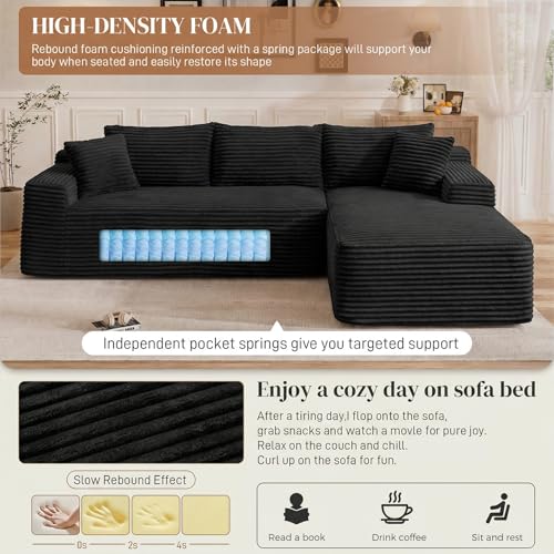 Image of 96 inch L Shaped Cloud Boneless Sectional Couches for Living Room, Modern Comfy Modular Deep Seat Memory Foam Compressed Corduroy Sofa Oversized Right Facing Chaise, No Assembly Required, Balck