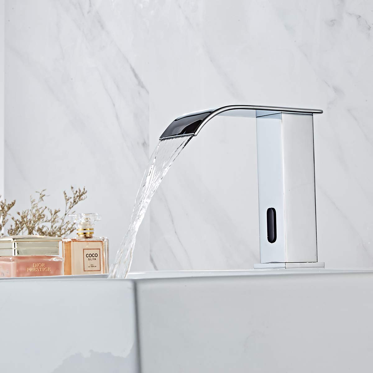 Grifo de baño automático sin contacto de doble alimentación con sensor de cascada cromado para lavabo de baño, sensor de movimiento electrónico, activado manos libres