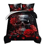 HOSIMA Death Skull Heads Comforter Gothic Bedding Sets,Horror Theme Halloween Bedding Comforter Sets for Teen Girls Boys Room Decor,Red Rose Floral Comforter Twin Size Bed with 2 Pillowcases.