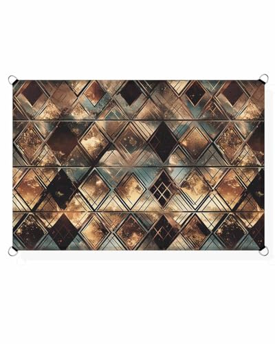 Boanket Sun Shade Sail 12' x 16', Brown Teal Geometric Sun Blocking Shades Privacy Outdoor Covering, Retro Modern Plaid Abstract Art Shade Cloth for Patio Deck Terrace Garden Lawns Beach Backyard