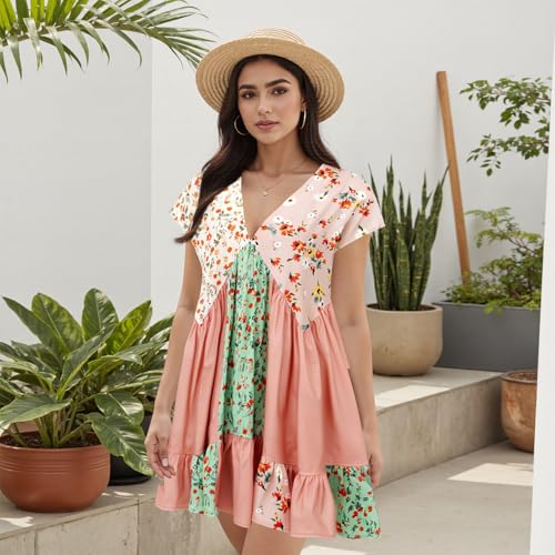Image of SOOKABEILA Women's Boho Mini Dress Y2k Floral Print Deep V-Neck Puff Sleeve Short Dress 2025 Summer Loose Beach Sundress
