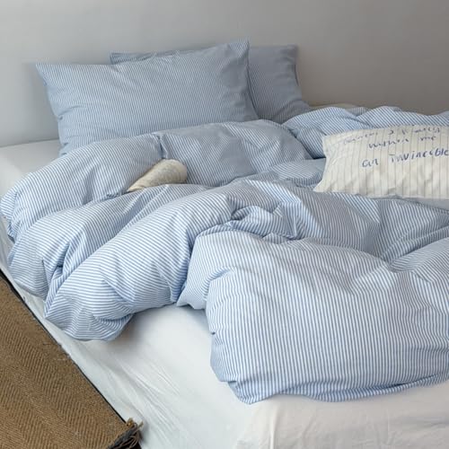 Freyamy Bettwäsche 200x220cm 3tlg Hellblau Weiß Feinstreifen Bettwäsche – Ansicht 1