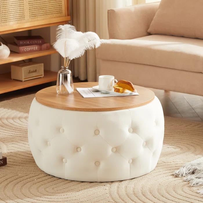 Woodilla Elegent Round Coffee Table with Wooden Top, Storage Ottoman Tables for Living Room, Centre Tables, Tea Tables, Farmhouse, Wood Drum Coffee Table,Farmhouse, Wood Drum Table (Off White)-image-49