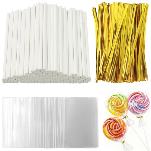 Lot de 600 bâtonnets à cake pop, 200 bâtonnets en papier de 10 cm x 3,5 mm, 200 sachets à bonbons, 200 rubans torsadés dorés, bâtonnets de sucettes,...