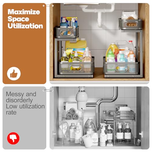 Image of 1 Pack 15.7IN-Depth Under Sink Organizer With Smooth Cylindrical Rail,2-Tier Pull Out Multi-Purpose Cabinet Storage for Bathroom&Kitchen,Height Adjustable,Rust-resistant Coating-Gun Gray