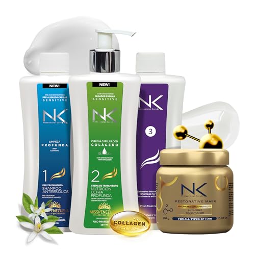 NK 4-Step Keratin Hair Treatment Set – Formaldehyde-Free Vegan Straightening System with Collagen, Keratin, Silk Protein & Niacinamide – Includes Shampoo & Repair Mask – All Hair Types (15oz)