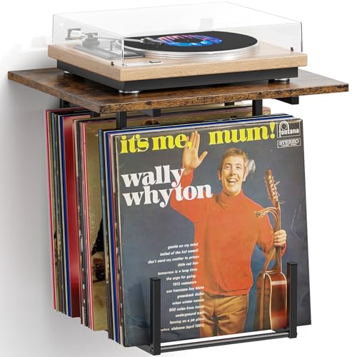 PAPAGIFTREE Vinyl Wall Mount, Record Player Stand Wall Mounted, Vinyl Record Storage for Turntable Stand, Records Player Stand with Storage, Compact Turntable Only Under 15.75' x 12.6'