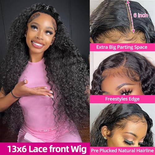Image of KVFCT 30 Inch Deep Wave Lace Front Wigs Human Hair 13x6 HD Transparent Deep Wave Lace Front Wigs for Women 200% Density Curly Lace Front Wig Pre Plcked Deep Wave Wigs with Baby Hair