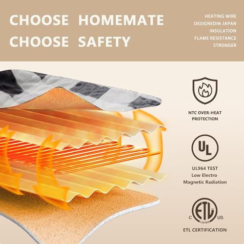 Homemate Electric Blanket Heated Queen Size - 84“x90“ Ultra Soft Cozy Flannel Heating Blanket with 10 Fast Heat Levels 8 Hours Auto Off Over-Heated Protection ETL Certification Keep Warm in Home