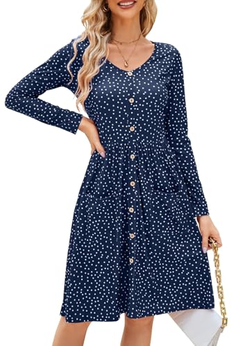 Image of OUGES Women's V Neck Button Down Skater Midi Dress with Pockets