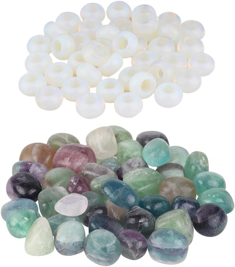 TUMBEELLUWA 15 Pcs Opalite Large Hole Beads for Jewelry Making & 1 LB Fluorite Tumbled Stones Bulk for Crafts Vase Filler Landscape Decor