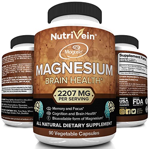 Nutrivein Magnesium L-Threonate (Magtein) 2207Mg - Boosts Brain Health, Memory & Focus, Sleep & Recovery, Reduces Fatigue - 30 Day Supply (90 Capsules, Three Daily) #TOP3