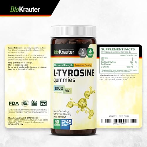 BIO KRAUTER L Tyrosine Supplement Gummies - 1000 mg Strength - 90 Vegan Chews - Mood and Cognitive Support - L-Tyrosine Gummies - Pectin-Based Formula - Thumbnail 7