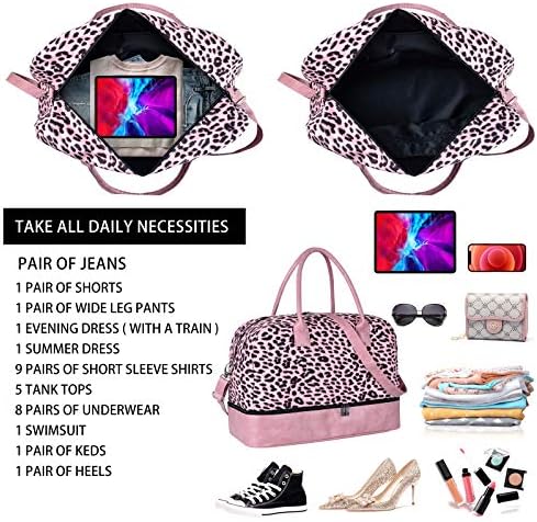 Women Travel Duffle Bag Carry On Tote Weekender Overnight Bag with PU Leather Shoulder Strap and Shoe Compartment Pink Leopard 20 Inch 2 Women Travel Duffle Bag Carry On Tote Weekender Overnight Bag with PU Leather Shoulder Strap and Shoe Compartment Pink Leopard 20 Inch
