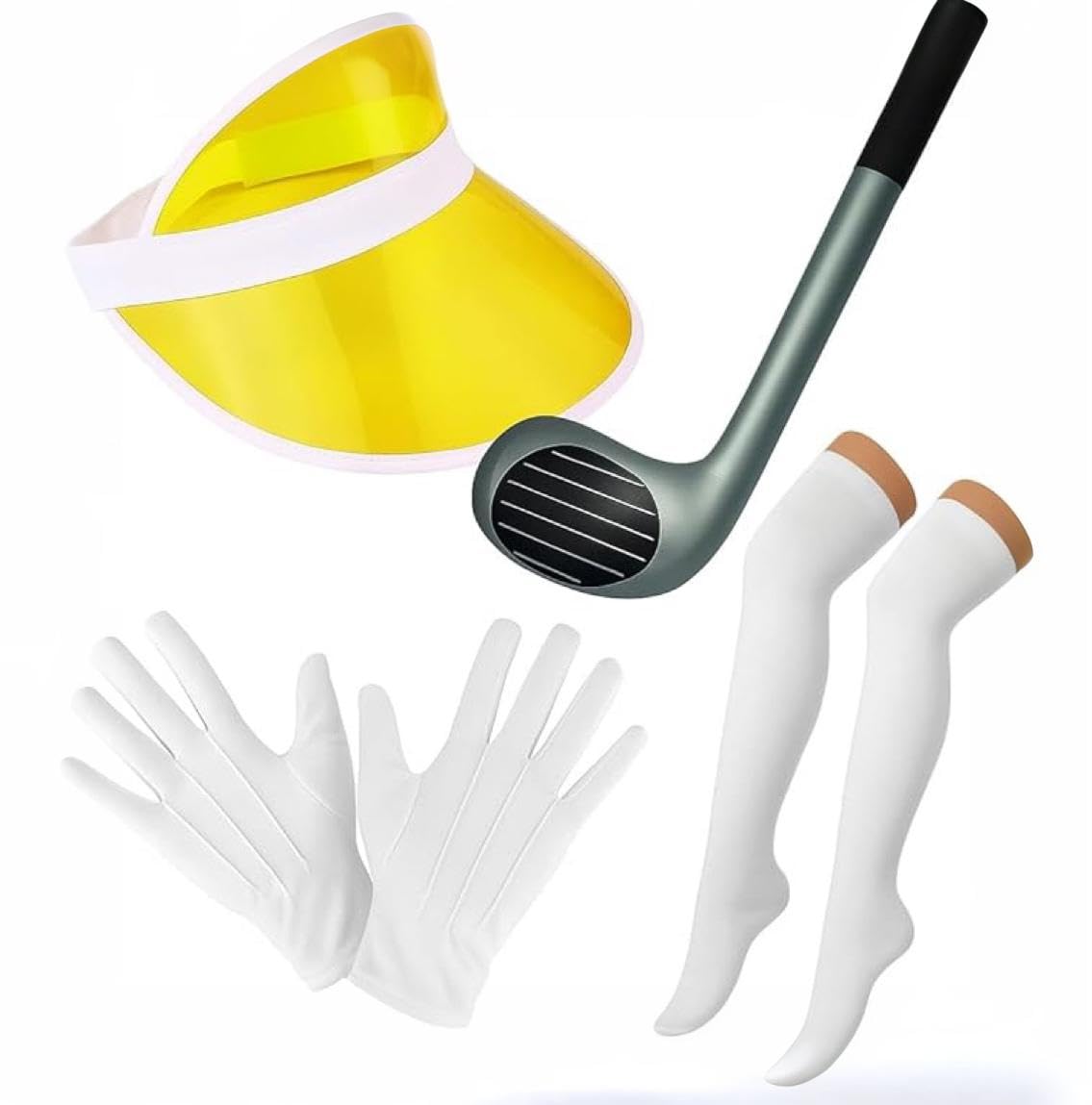 ANZEE Unisex Adult Golf Visor Costume Set with Inflatable Club Tall Socks and White Gloves Ideal for Pub Golf or Fancy Dress Events (Golf Set+Yellow Visor Cap)