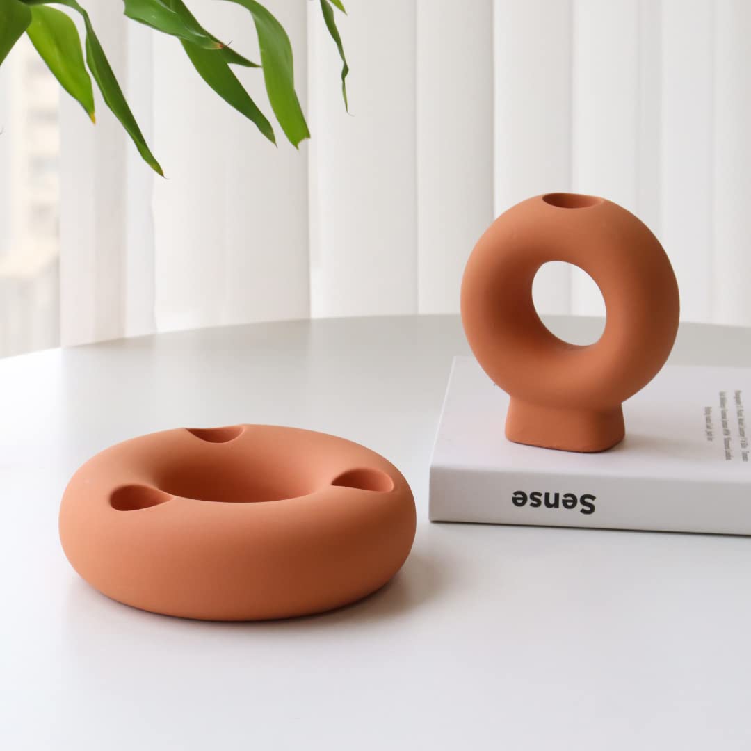 Koyal Wholesale Ceramic Modern Geometric Decorative Taper Candle Holders, Set of 3,Terracotta, Home Décor, Boho Wedding Centerpiece, Living Room, Office, Abstract Shape Candlestick Holders