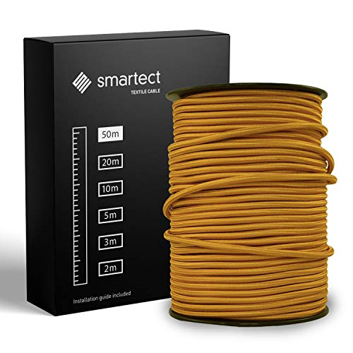 smartect Braided Cable, Gold, 50 Metres 3 Core Electrical Cable (3 x 0.75mm²) Vintage Fabric Electrical Wire for your DIY project