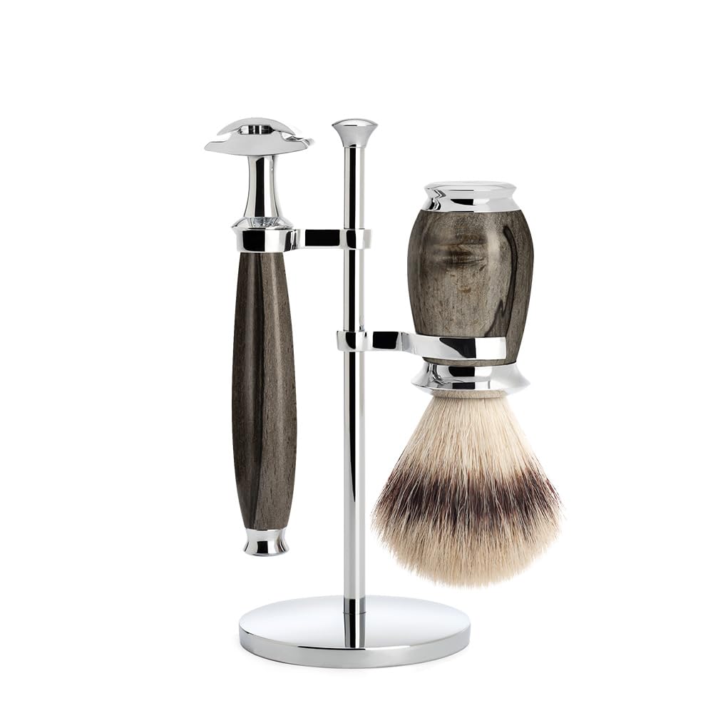 MÜHLE PURIST Grained Beech 3-piece Silvertip Fibre/Safety Razor Shaving Set