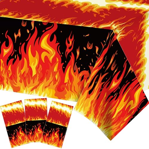 3Pcs Fire Tablecloths Firefighter Birthday Party Decorations Fire Heroes Flame Table Cover Disposable Plastic for Kitchen Dinning Decoration Birthday Party Supplies BBQ Decorations,87x51In ﻿