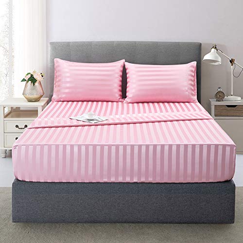 Image of Lanest Housing Satin-Silk Sheets Twin XL Size Bed Set, Pink Soft Cooling Deep Pocket Sheets, Hypoallergenic, Wrinkle and Fade Resistant Bedding Set, Striped