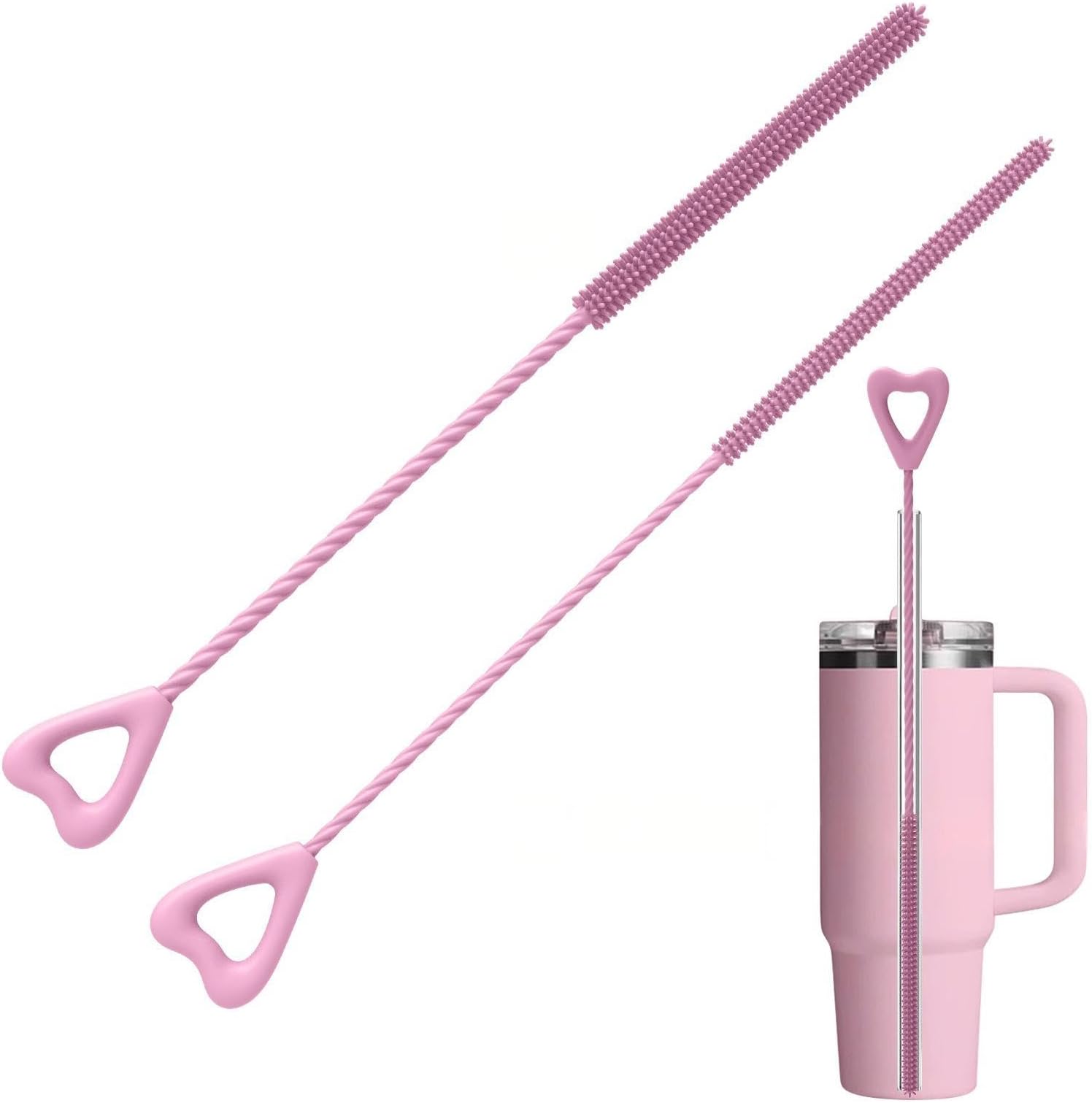 – Silicone Straw Cleaner Brush, 2Pcs Reusable Straw Brush for Straws, Non-slip Handle Soft and Bendable, 6mm+9mm, Pink