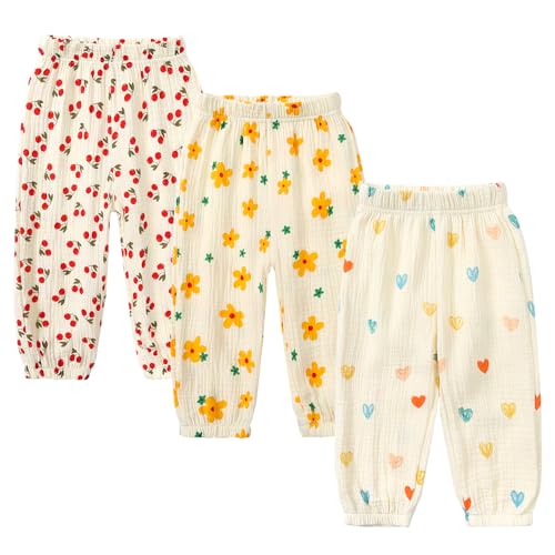 Image of Kids Tales 3 Pack Boys Girls Cotton Linen Pants Child Basic Plain Solid Trousers Big Kids Elastic Waist Long Pants Bloomers