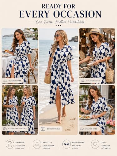 Image of BROVAVE Women's 2026 Summer Short Sleeve Work Dresses Tie Waist Button Down Animals Print Midi A-Line Shirt Dress