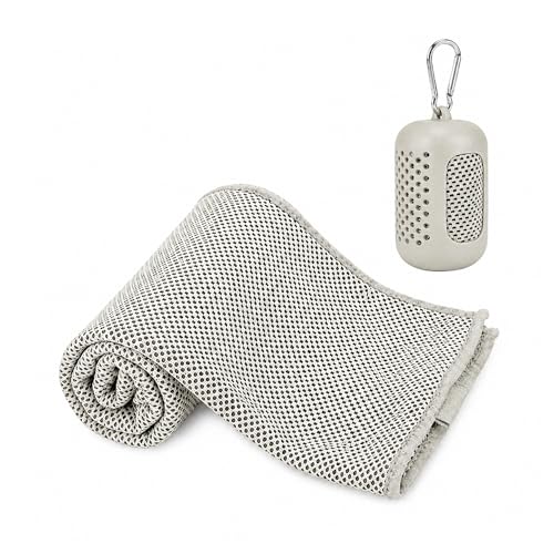 DHB tech Cooling Ice Towel for Neck and Face with Silicone Portable Storage Box - Gym Towel Breathable Sweat Cloth for Yoga Running Gym Outdoor Sports - 90cm x 30cm (Gray)