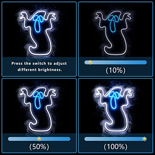 Image of Halloween Ghost Neon Light - Flickering Boo Neon Signs for Wall Decor 16.3x13 Inch, USB Powered LED Halloween Ghost Neon Light for Bedroom Christmas Gift for Party Decor Kids Game Room Bar, White