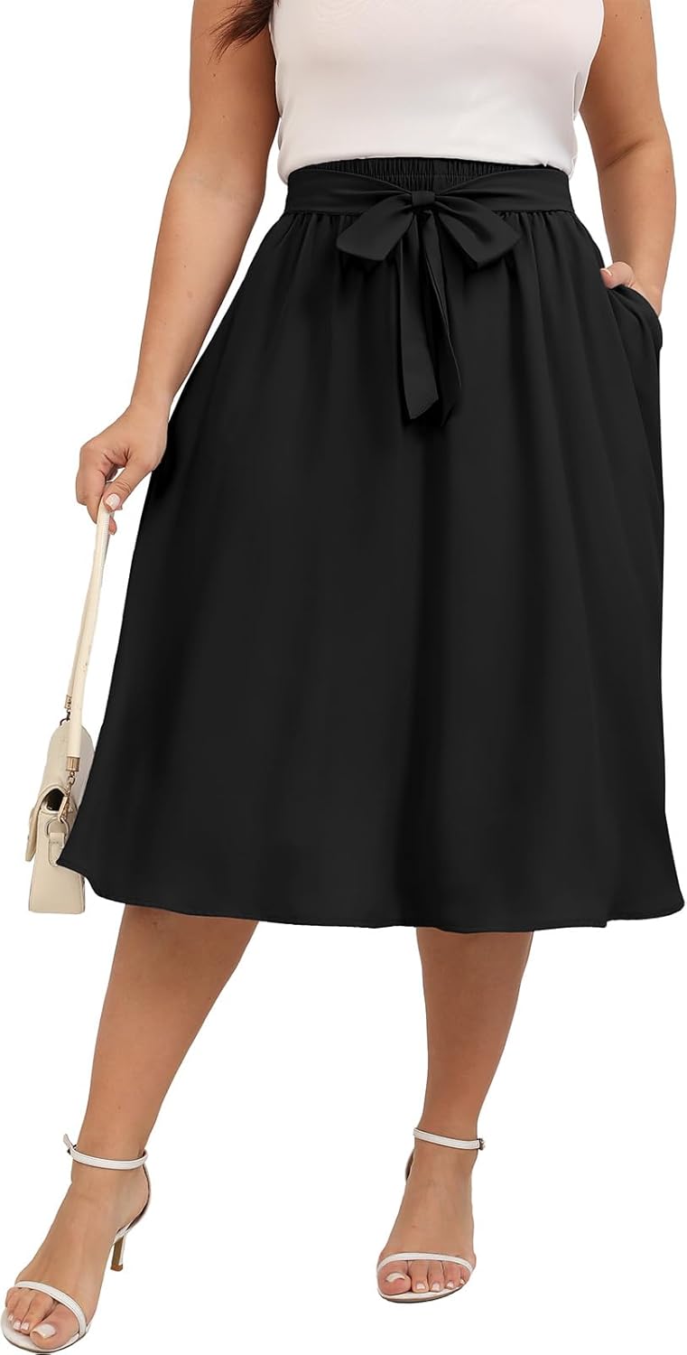 Xpenyo Womens Plus Size Midi Skirts Summer Elastic High Waisted Boho Casual Beach Flowy Swing Knee Length Skirts with Pockets