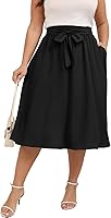 Xpenyo Women's Plus Size Midi Skirt - High Waisted Elastic Boho Flowy Swing Skirt with Pockets for Summer Beach Casual