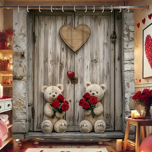 Cortina de ducha de oso, bonitos osos de felpa beige y marrón con rosas rojas para decoración de baño, día de San Valentín, primavera, moderno, elegante, impermeable, juego de cortina de ducha con