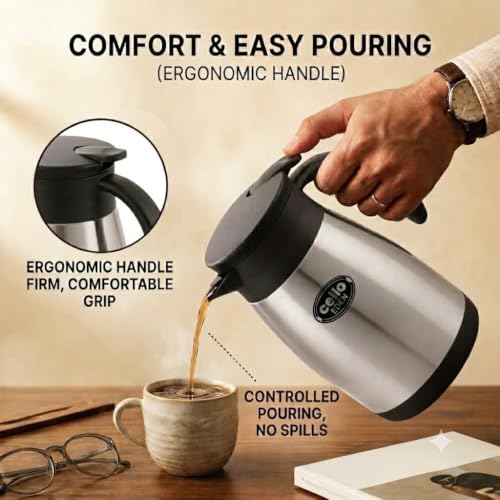 Image of CELLO Eden Stainless Steel Tea Coffee Carafe with Press and Pour Lid 800 ml, Silver | Wide Mouth Easy to Fill & Clean, Double Wall Vacuum Insulated Hot & Cold Flask Carafe For Kitchen, Travel & Office