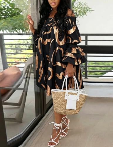 Image of WOKANSE Party Dresses for Women Off Shoulder Layered Flare Sleeve A line Ruched Plus Size Midi Summer Dress