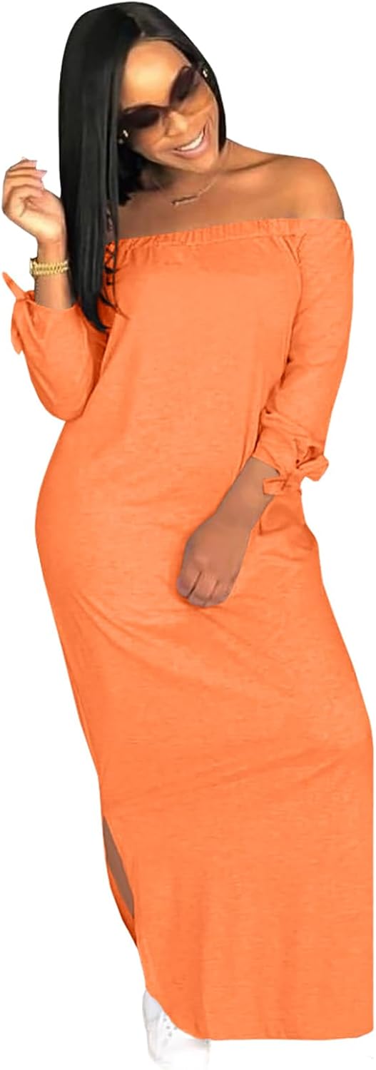 OLUOLIN Women's Casual Letter Print Off Shoulder Long Sleeve Bowknot Sides Slit Loose Long T-Shirt Maxi Dress - Image 2