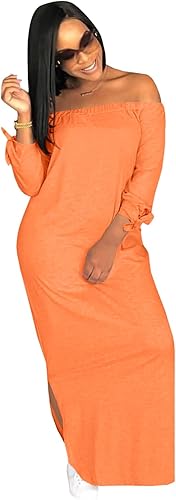 Miniatura 2 de Oluolin - Vestido largo con estampado de letras y hombros descubiertos, manga larga, con moño en los laterales, abertura, holgado, maxi vestido