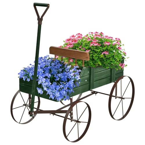 SOARS Blumenständer, Blumenwagen mit 4 Rädern aus Metall, Pflanzenständer aus Massivholz, Blumenkasten Deko, Holzwagen Bollerwagen Pflanzwagen für Garten & Balkon (Grün)