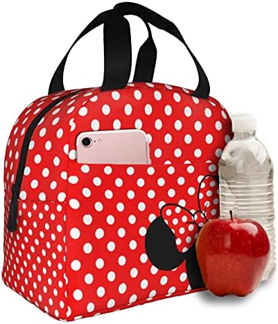 SPWUXKJ Cute Polka Dot with Red Bow Lunch Bag Insulated Reusable Lunch Box with Extra Pocke for Gifts Outdoor Travel Picnic