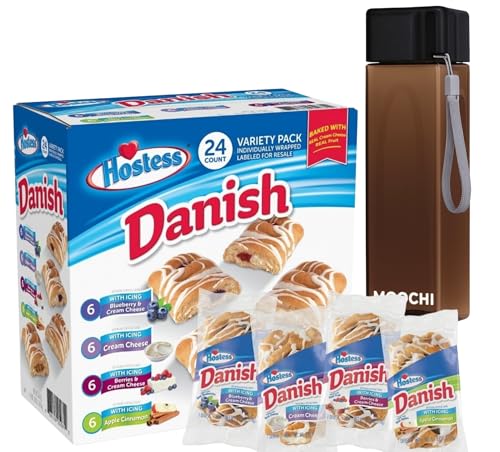 Danish Pastry Snack Variety Pack with Reusable Water Bottle – 24 Individually Wrapped Pastries, Custom Bundled by MOOCHI