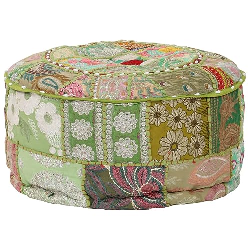 Pouf rond en coton fait main 40x20 cm vintage vert brodé d'exception - 6
