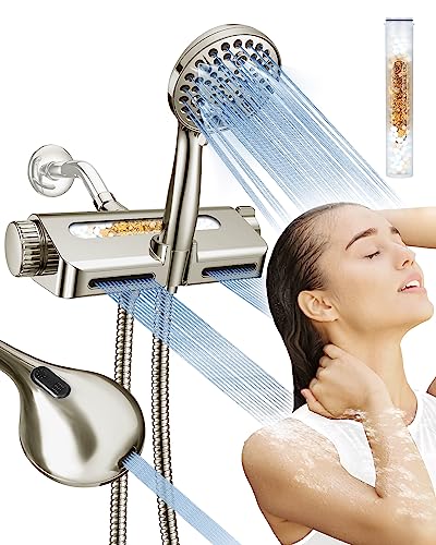 Makefit Filtered Shower Head With Handheld Combo Brushed Nickel - Dual 2-In-1 Spa System With Massage Shower Head And 10 Modes Hand Held Shower Head, High Pressure, Buit In Power Wash Mode #TOP7