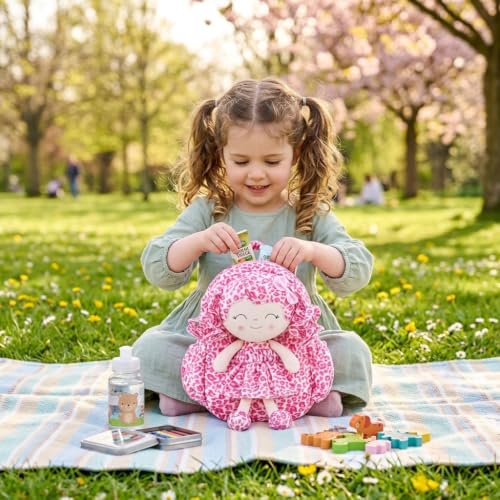 Image of Gloveleya Toddler Backpack Baby Girl Gifts Curly Hair Plush Doll Dress Backpack Kids Backpack Curly Hair Animal Edition - Pink and White Leopard 11''