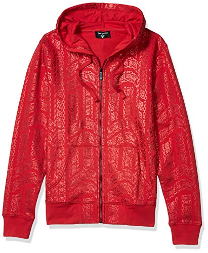 True Religion Men's All Over Graphic Zip-Up Hoodie, Ruby Red, XXX-Large